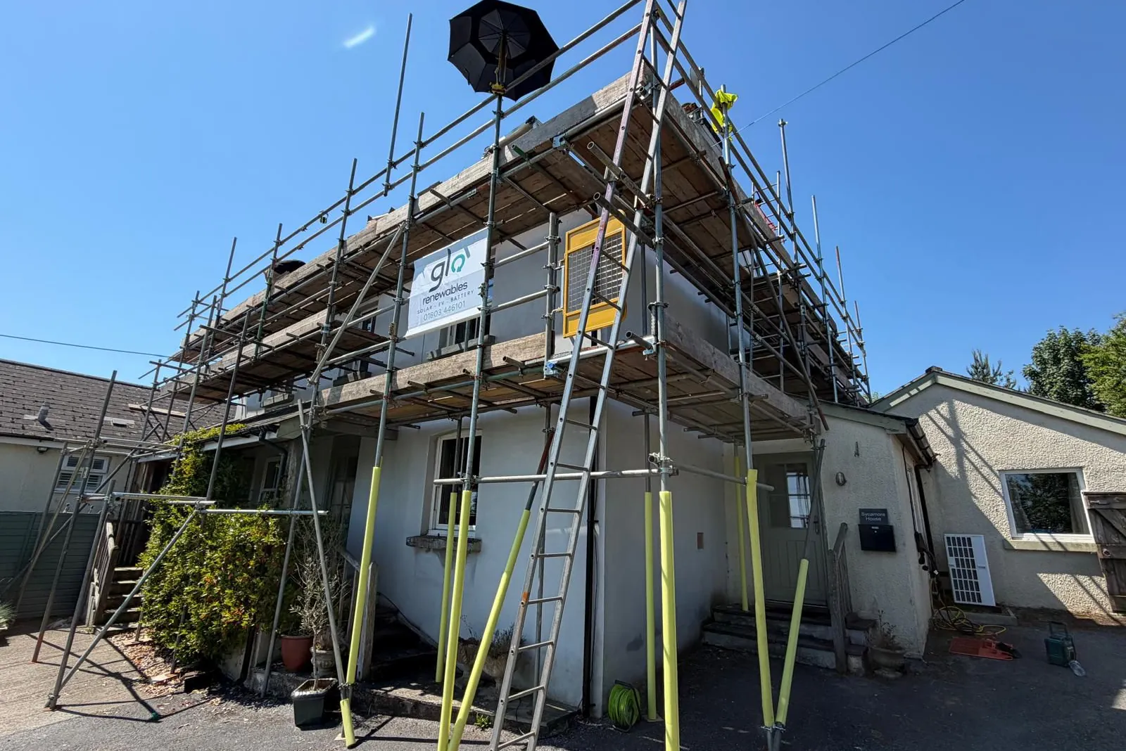 Scaffolding near Ashburton for solar and redecoration.